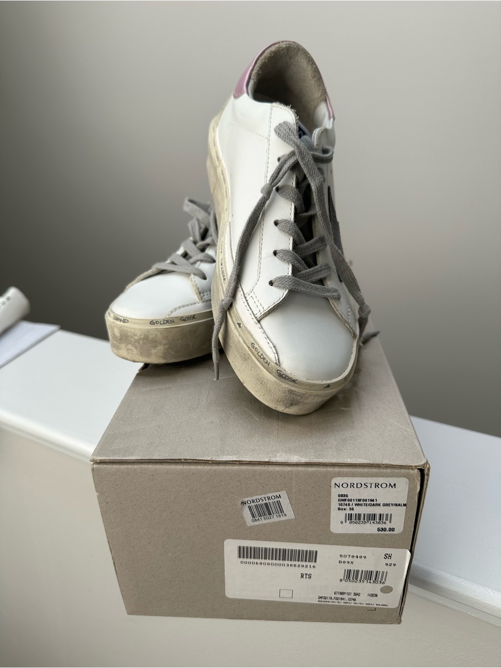 Golden Goose White Leather Sneakers with Pink Heel and Gray Laces - Picture 2 of 9
